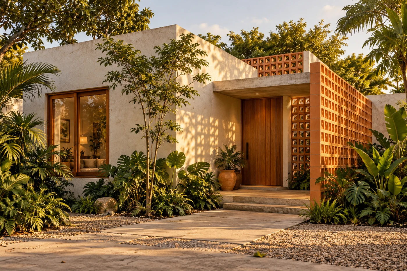 Fachada contemporánea de piedra y madera integrada en un jardín