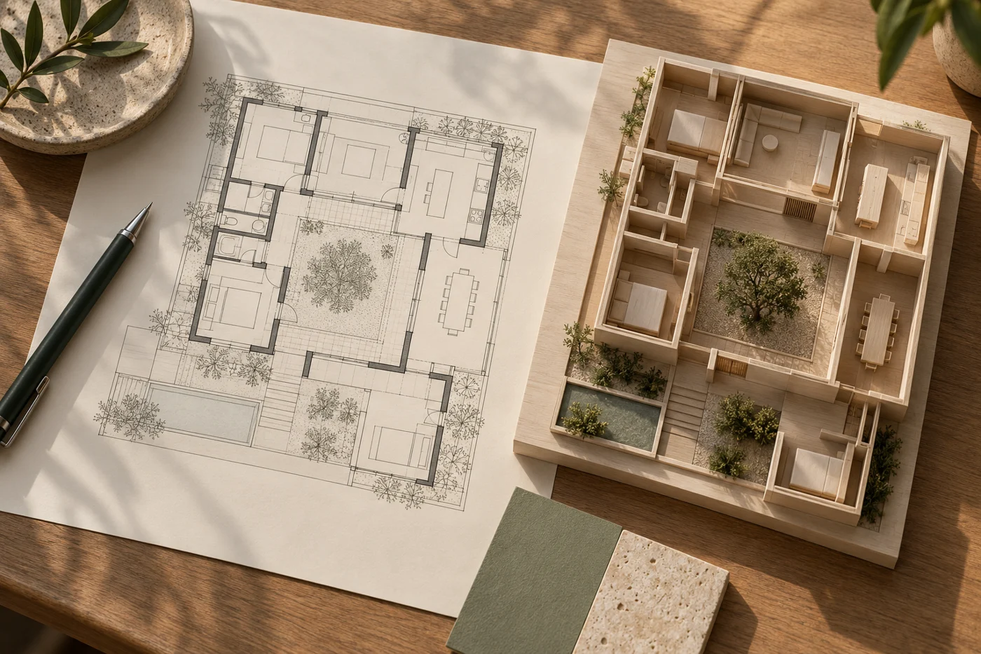 Mesa de arquitectura con plantas, materiales y herramientas de diseño